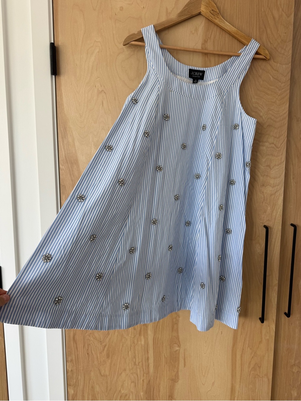 J. Crew Light Blue and White Striped Embellished Mini Dress